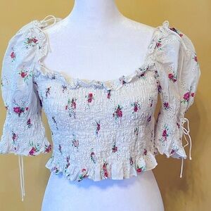 For Love & Lemons Camisole White Red Puff Sleeves Smocked Bodice XLarge